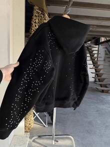 Unisex Black Rhinestone Zip Up Hoodie Oversized Crystal Sweatshirt Designer Streetwear For Men And Women - màu đen - Xem 2
