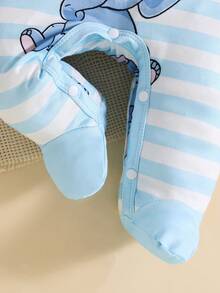 2件套新生儿可爱动物数码印花长袖连体衣+帽子，婴儿连体衣，可爱休闲舒适，适合所有季节 - 藍白色 - 查看 5