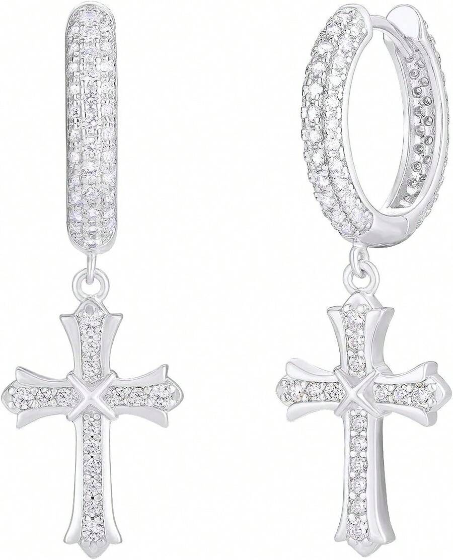 KRKC&CO Aretes Hombre de Oro, Aretes de Cruz, Arracadas de Plata S925 Oro Blanco, 15mm Pendientes, Regalos Dia Del Padre, Joyería de Mujer y Hombres,26730230 - Rosa - Ver 1