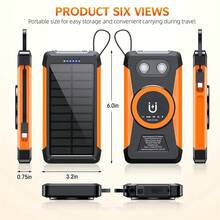 20000mAh 太阳能移动电源便携式充电器，便携式手机充电器，带双亮手电筒，内置 2 根电缆，外置电池组，适用于所有移动设备，适合夏季假期户外旅行/露营和应急备用移动电源 - 黑色 - 查看 7