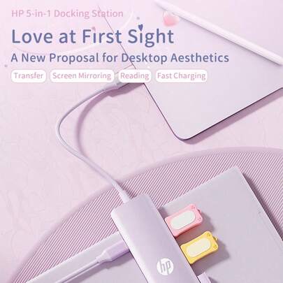 HP Estación de acoplamiento USB con adaptador de carga tipo C 3.0 Splitter compatible con convertidor de portátil Apple 4K Proyección Carga PD Estación de acoplamiento Cuatro en uno (Negro, Blanco, Té con leche, Plateado)