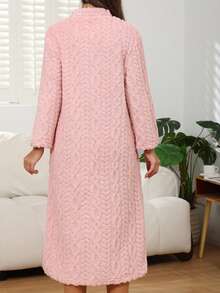 Damen einfarbiger minimalistischer Flanell-Bademantel mit Langarm, dick, Alltagskleidung - Pink - Übersicht 4
