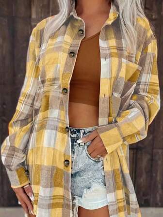 Camisa casual de manga larga con botones y cuadros amarillos, camisa de manga larga con bolsillo delantero con botones a cuadros, para uso diario
