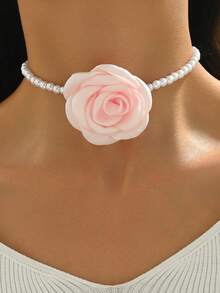 1pc Pearl & Floral Decor Necklace, Versatile Pink & White - Pink - View 3