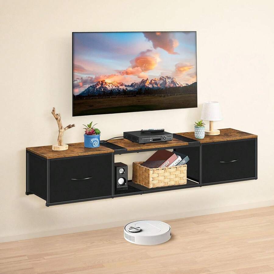 Smusei Floating TV Stand Wall Mounted TV Console Modern Floating Entertainment Center TV Shelf Cabinet With Drawers For Under TV Storage, Living Room, Bedroom, Rustic Brown And Black - 預設 - 查看 1