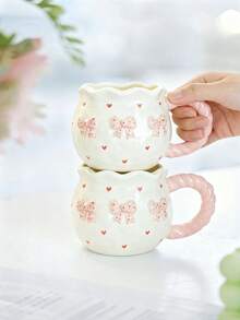 1pc Creative 3D Embossed Hand-Painted Bow Pattern Ceramic Coffee Mug - Multicolor - View 2