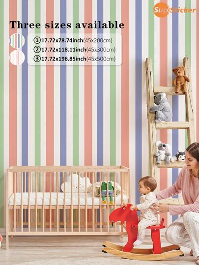 1 卷粉色、多色、浅绿色条纹即撕即贴壁纸，厚实、耐用、可移除，适用于儿童房、托儿所、家居装饰、墙面覆盖、家具改造，有 3 种尺寸可选：17.71x78.74 英寸、17.71x118.11 英寸、17.71x196.85 英寸