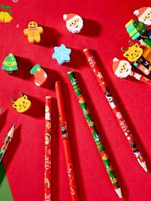 12pcs Christmas Big Leather Pencil, Cartoon Kindergarten Elementary School Students Can Eraser Christmas Prize Gift