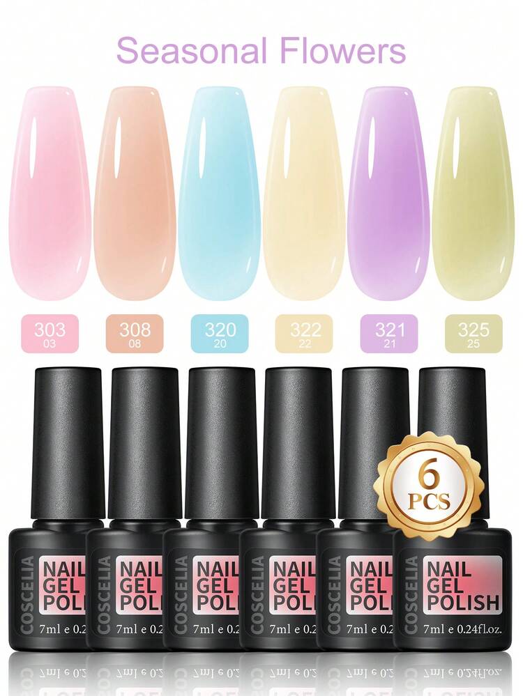 COSCELIA 6-Color Crystal Jelly Gel Nail Polish Set, Transparent