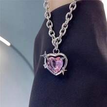 Fashion Pink Heart Synthetic Pendant Necklace Christmas Gift Synthetic Gemstone Jewelry - Bạc - Xem 5