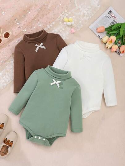 Set de 3 bodys de manga larga con cuello alto de felpa cepillada para niñas, body casual para bebés niñas, ropa exterior minimalista