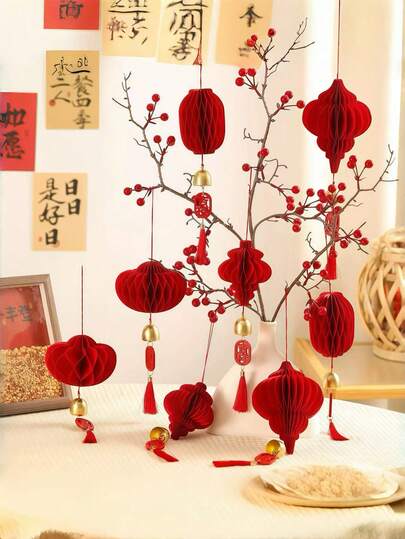 2pcs 3D Red Lantern, 2026 New Wasp Ball Lantern Pendant, Suitable For Decorating Entryway, Yard, Cabinet, Living Room For New Year Atmosphere, Wedding Celebration, Housewarming