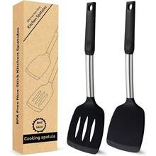 2 Pack Solid Slotted Silicone Spatula Set 600F Heat-Resistant No-Melt Handle And Blade Kitchen Cooking Utensils For Nonstick Cookware Spatula Turner For Egg Pancake Burger- Dishwasher - 黑色 - 查看 1