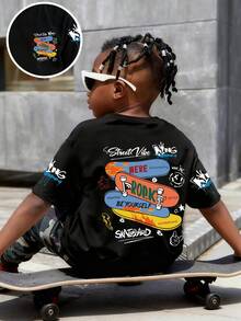 男童字母和滑板印花圆领短袖休闲T恤 - 黑色 - 查看 7