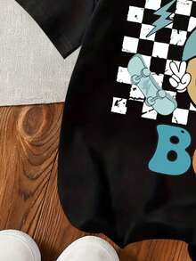 Young Boy Letter & Cartoon Face Print Round Neck Short Sleeve Casual T-Shirt - Black - View 7