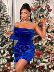 AIJ Amarilo Women's Elegant Off Shoulder Ruched Ruffle Hem Bodycon Mini Dress – Perfect For Summer Party, Valentine's Day, Wedding Guest & Carnival Events - Royal Blue - View 4