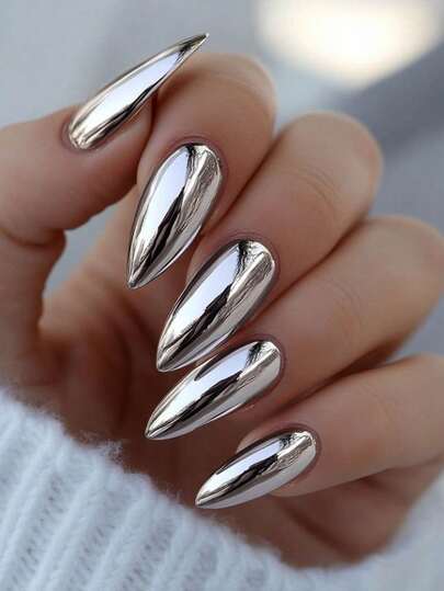 24pcs/Set Y2K Long Almond Silver Magical Metallic Chrome Shiny Medium Almond Press-On Nail Stickers, Holographic Nail Glitter Mermaid Mirror Powder Pearl Aurora Artificial False Nails, Includes 1pc Jelly Gel And 1pc Nail File. The Silver And Chrome Nail Stickers Will Make Your Fingertips Shine Beautifully, Perfect For Women And Girls For Daily Work And Rave Parties.