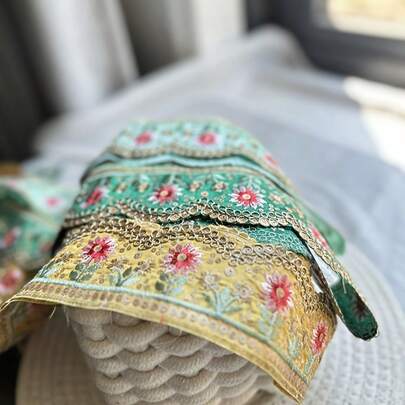 1/5码复古中国风花卉刺绣亮片蕾丝花边，多色丝带，适用于缝纫、DIY手工、帽带、窗帘边、服装装饰、手工配件、礼品包装