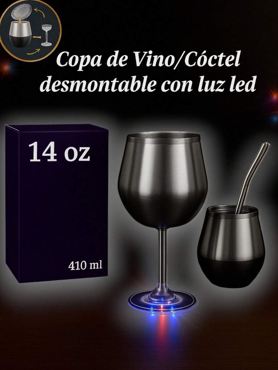 Copa desmontable de acero inoxidable FAB-20 / 410 ml con base iluminada LED y popote de acero - diseño elegante 2 en 1 tipo vino y cóctel, con tapa hermética, interior prismático y 15 colores brillantes ideales para fiestas, reuniones o uso diario