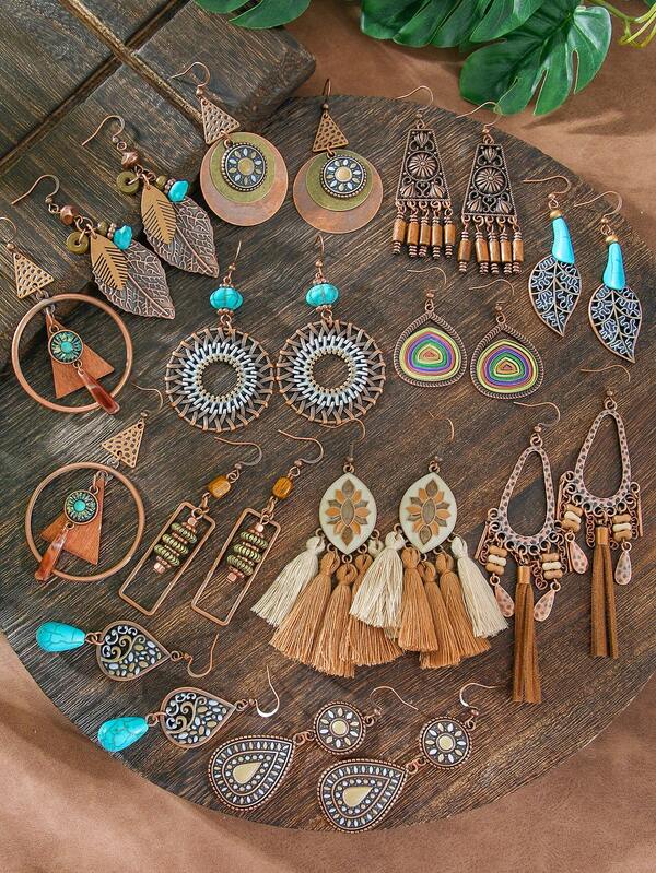 TopHanqi 12/6/3/1 Pair Vintage Bohemian Earring Set For Women, Geometric Personalized Coffee Color Earrings With Tassel, Versatile For Daily, Commute, Travel