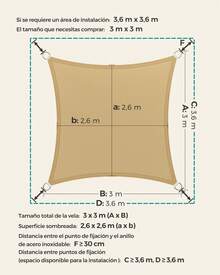 Vela de Sombra de 3 x 3 m, Tejido HDPE de Protección Solar, Transpirable, Permeable al Agua, Terraza, Jardín, Balcón, Camping, Cuadrada, Cóncava, Cuerdas de 2 m, Amarillo Arena - Amarillo - Ver 6