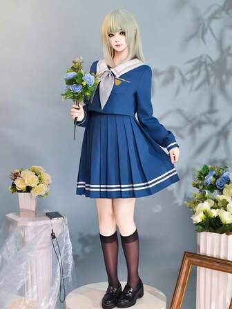 1pc Japanese Style Yotsuba Mutsumi Cosplay Outfit, Moonlight Forest School Uniform Anime Costume Top + Skirt + Tie + Socks/Cosplay Anime Character Outfit For Comic Con, Halloween, Or School Theme Party + Tie + Socks