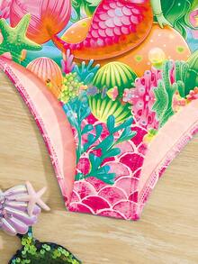 Young Girl' Cartoon Mermaid Print Strap One-Piece Swimsuit - Hot Pink - View 4