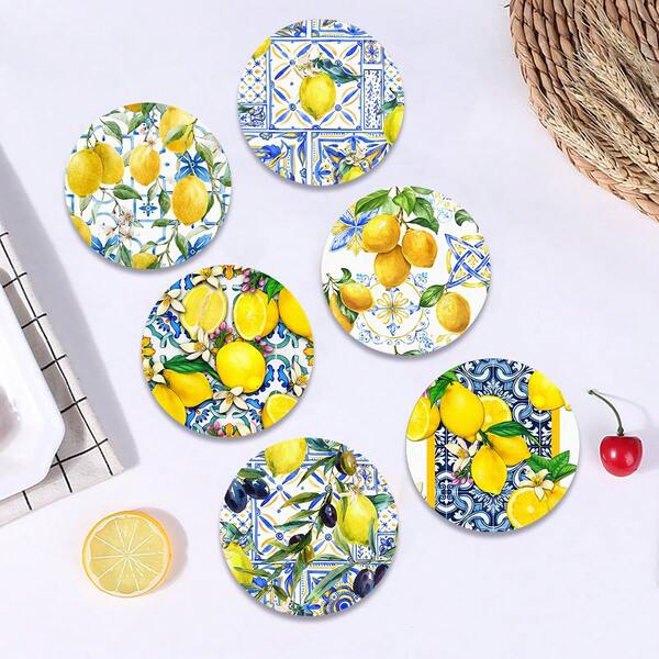6pcs Set, Italian Lemon Brick Pattern Printed Drink Coasters, 10cm/2mm Thick Rubber Soft Bottom Round Absorbent Rubber Drink Coasters, Soft Rubber Backing, Decorative Coasters, Suitable For Cups, Home Kitchen Dining Table Decor, Kitchen Decor, Dining Table Decor