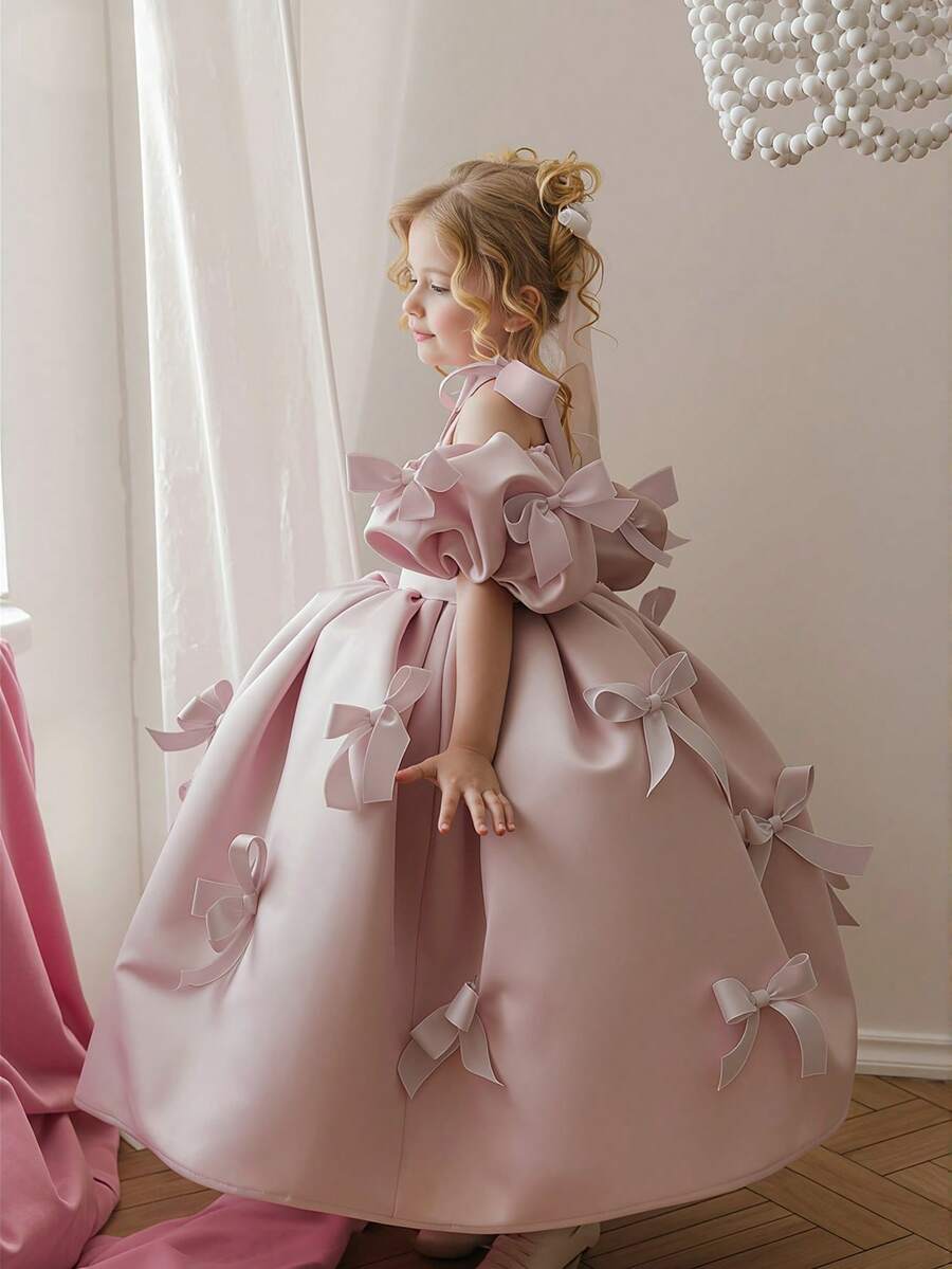 Young Girl's Pink Patchwork Bow Puff Sleeve Dress, Elegant Party Gown, Princess Dress Suitable For Girls' Birthday Party, Flower Girl Wedding, Bridesmaid, Prom, Luxury Evening Dress, Easter, Graduation - Pink - View 1