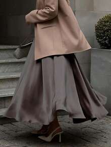 EARO Women's European And American Fashion Elegant Satin High-End Everyday Versatile Skirt, High Waisted Slimming Stretchy Knee-Length A-Line Flared Skirt, Autumn/Winter - Ash Brown - View 4