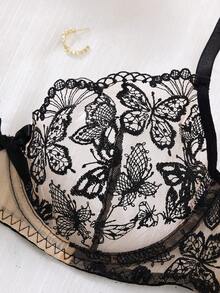 1 Set Of 2 Pieces Women's Black Embroidered Floral Sexy Daily Underwear Set, Butterfly Embroidered Underwear And Thong Two Pieces Set, Comfortable Home Style Bra Set - 黑色 - 查看 3