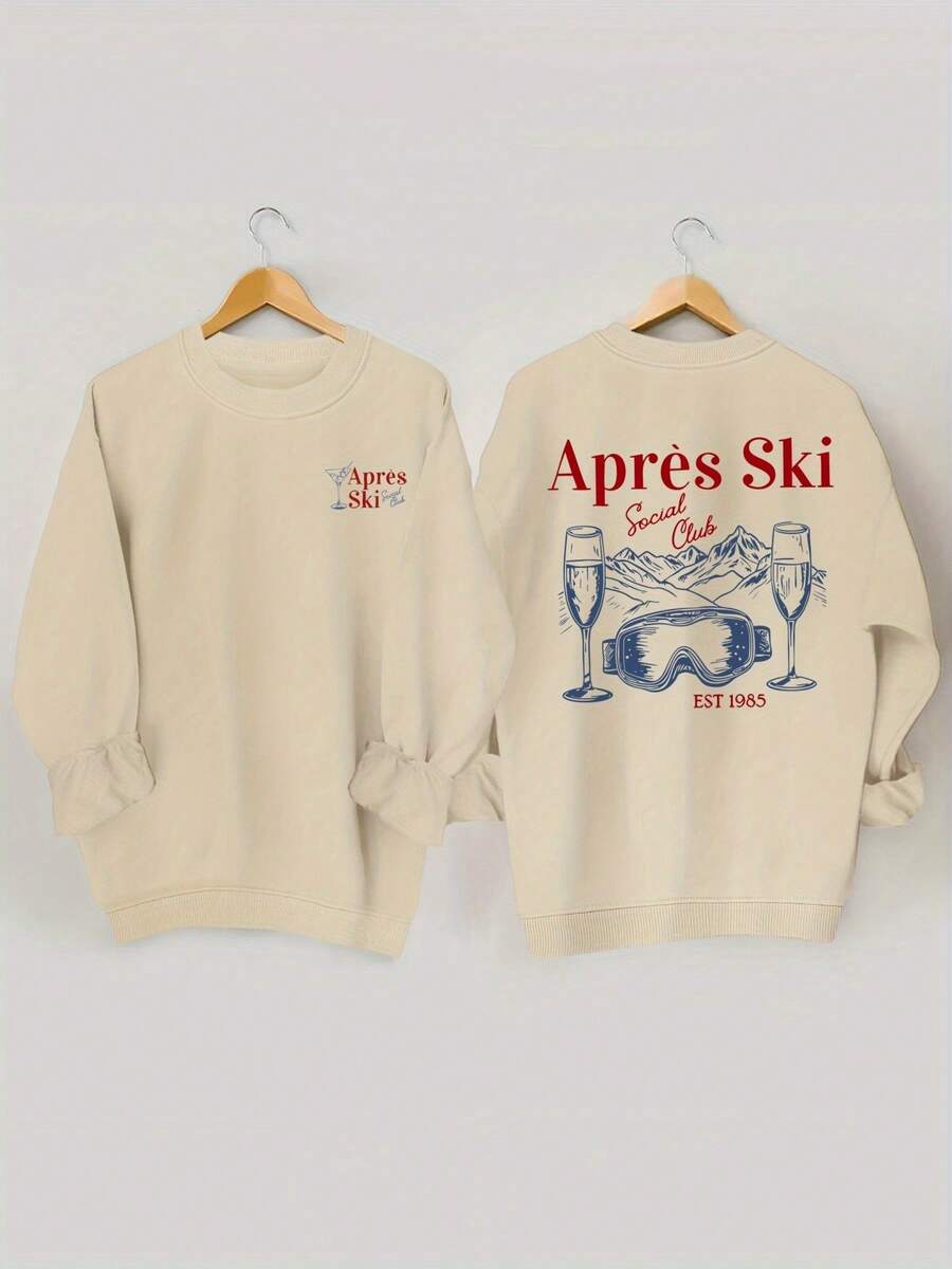 Autumn Winter Season Sweatshirt With Letter Code Fashion Front And Back Print Sports Shirt, Spring Autumn Round Neck Casual Sports Shirt, Women's Clothing, Women's Clothing With Code Winter Clothes For Women, Christmas Gifts - 杏色 - 查看 1