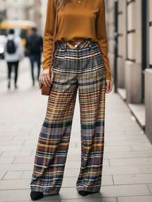 Lightweight Brown Plaid Wide-Leg Trousers For Summer, With Pockets, Versatile For Everyday Wear And Commuting - Màu nâu  Mocha - Xem 6