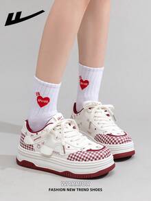 1 Pair WARRIOR Women's Thick Sole Lace-Up Soft Bottom Casual Shoes, Low-Top Outdoor Flat Shoes, Round Toe Low Heel Non-Slip Solid Color Elegant Soft Bottom Hiking Shoes, Suitable For Students, Graduation Photos, Flat Shoes, Women Leather Skate Sneakers - Rice/Wine Red - View 7