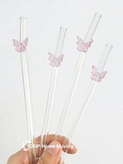 1/2/4Pcs Cartoon Glass Straws With Pink Butterfly Charms,Cute Clear Reusable Glass Drinking Straw,For Kitchen Accessories,Water Cup,Cold Drinks,Milk Tea,Coffee,Juice,Smoothies,Kitchens,Restaurants,Cocktail Parties,Returning To School,Gifts For Girlfriends/Boyfriends,Parents,Friends,Holiday Supplies.