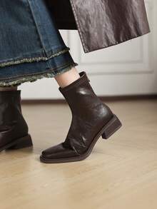 Women's French Style Versatile Ankle Boots, Fashionable Chunky Heel Short Boots With Back Zipper, Autumn/Winter - Brown - View 6