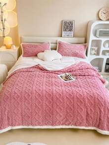 1件装经典菱形图案加厚双层毯，保暖舒适，可作沙发毯，适用于床、房间、客厅、卧室、办公室、露营等场合（紫色/咖啡色） - 粉色 - 查看 3