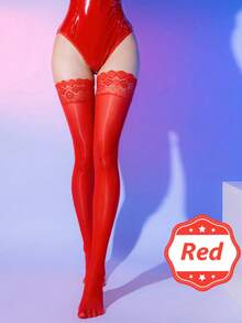 1pair 80D Shiny Lace-Edged Knee-Length Stockings With Silicone Anti-Slip Technology, 912-Threaded Stockings Featuring Peacock Feather Lace Patterns, Suitable For Couples' Anniversary Parties And As Gifts. - Multicolor - View 6