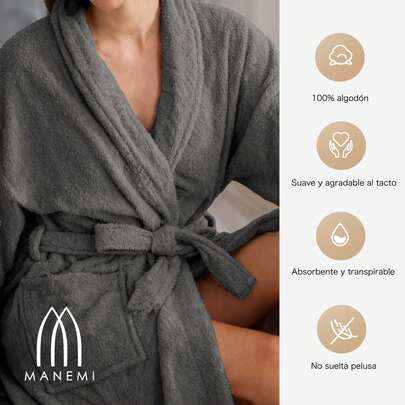 MANEMI Albornoz de baño unisex 100% algodón – Albornoz suave y absorbente con cinturón, cuello en pico, mangas anchas y dos bolsillos – 500 g/m² – Tallas M, L, XL