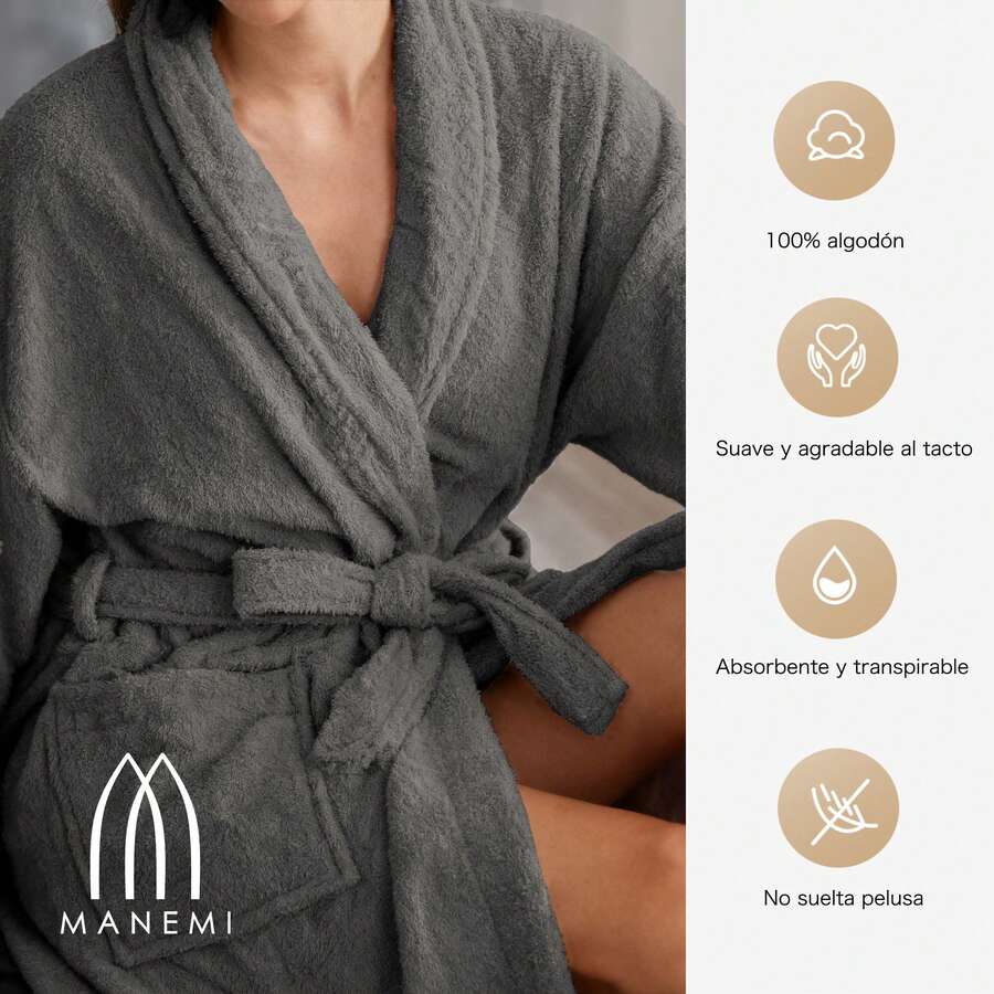 MANEMI Albornoz De Baño Unisex 100% Algodón – Albornoz Suave Y Absorbente Con Cinturón, Cuello En Pico, Mangas Anchas Y Dos Bolsillos – 500 G/M² – Tallas M, L, XL - xám - Xem 1
