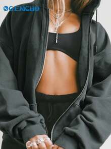 GEMCHO Áo khoác nữ dài tay, màu trơn, có khóa kéo và túi trước, kiểu dáng hoodie, thích hợp cho mùa thu xuân. - Màu xám đen - Xem 4