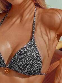 wohenmeili Women's Summer Beach Full Print Halter Tie Sexy Bikini Swimsuit Set - Black Background With White Dots - View 4