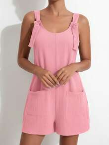Women's Y2K Summer Solid Color Backless Cami Jumpsuit, Loose Fit With Pockets, Breathable And Comfortable, Simple Casual Style, Streetwear Inspired, Perfect For Daily Wear, School, Commuting, Vacation Travel, Music Festivals, Exercise, Dates, And Valentine's Day Outfits - Màu Hồng baby - Xem 1