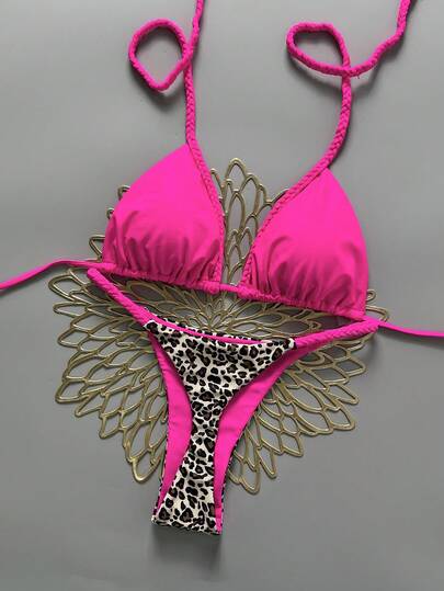 2pcs Bohemian Leopard Star Print Casual Cute Elegant Sexy Tie-Dye Crochet Contrast Trim Bikini Swimsuit, Beach Holiday, Spring/Summer