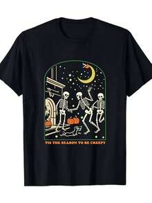 Camiseta 100% algodón de Mujer con Estampado de Hojas Botánicas Negras - Manga Corta de 180gsm, Cuello Redondo, Top Casual y Statement con Diseño de Hojas Doradas, Ajuste para Todas las Estaciones para Playa, Camping, Eventos Festivos - Camiseta Gráfica Minimalista y Elegante para Vestimenta Casual - Negro - Ver 2
