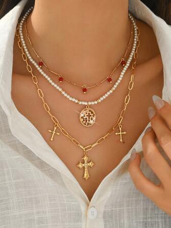 1 pieza Collar único, elegante y de moda con tubo de metal y cuentas, con perla barroca falsa, moneda antigua y colgante de corazón chapado en oro, collar versátil de múltiples capas adecuado para fiestas, bodas, vacaciones y ocasiones especiales