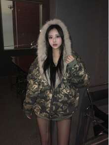 American Retro Boom Brand Wool Zip Cardigan Hoodie For Women, Autumn/Winter Couple's Luxurious Casual Outerwear, Boom Coat, Winter Fur Hoodie, Winter Jacket, Fur Jacket, Down Jacket For Women - AA - 查看 1