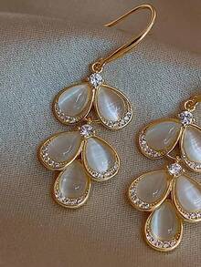 Andkiss Rhinestone & Opal Decor Drop Earrings - Yellow Gold - View 3
