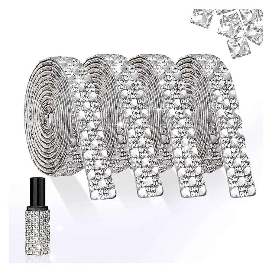 4 Yards Rhinestones Ribbon Self Adhesive White Crystal Rhinestone Strip With 4MM Square Gems Bling Rhinestones Tape Roll For DIY Bedazzling Craft, Car, Wedding, Home Decoration - Multicolor 1024 - View 1