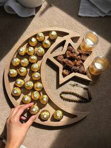 1pc Of Wooden Tray Moon Star Design Wooden Star Design, Suitable For Decorating Home Party Decoration For Home, Celebrations Decorating Central Banquet Table For Fruit And Candy Decorating, Dinner Dishes Decorating Party Decoration, Ramadan Eid Mubarak Ramadan Kareem Ahlan Ramadan Salam - Multicolor - View 3